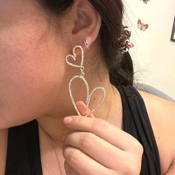 Gold Hoop chunky earrings dangle rhinestone Hearts Romantic statement 💖2/$30 - Picture 4 of 16